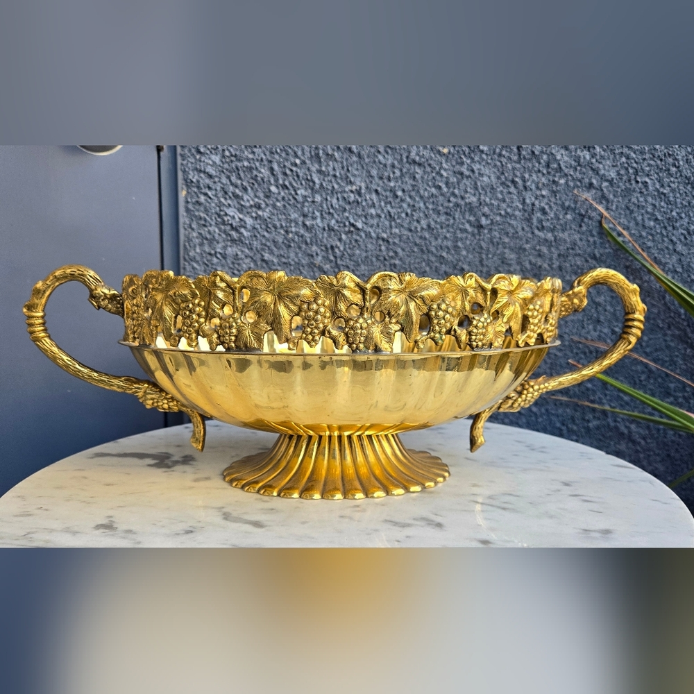 Vintage Solid Brass Pedestal Bowl with Grape Detailing